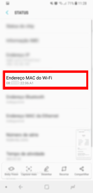 prints das telas para descobrir o endereço MAC em dispositivos Android