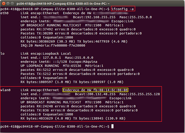 print do terminal explicando como ver o endereço MAC no ubuntu